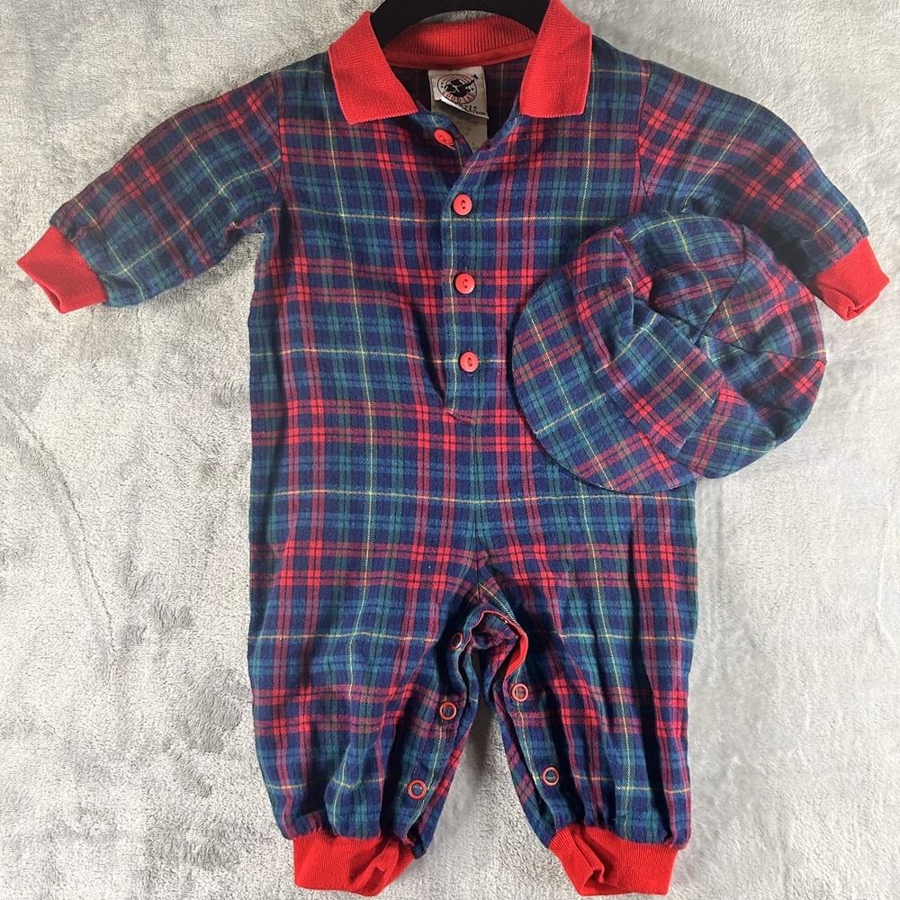 Vtg Good Lad Of Philadelphia Tartan Plaid Flannel Romper Size 6-9 Months W/Hat